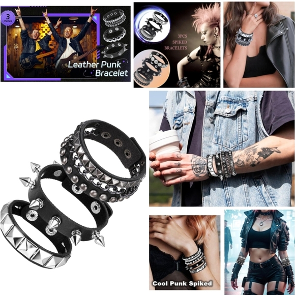 New 3 Black Fx Leather Punk Gothic Rock Spikes Cone Studded Bracelets Chain link - Picture 1 of 9